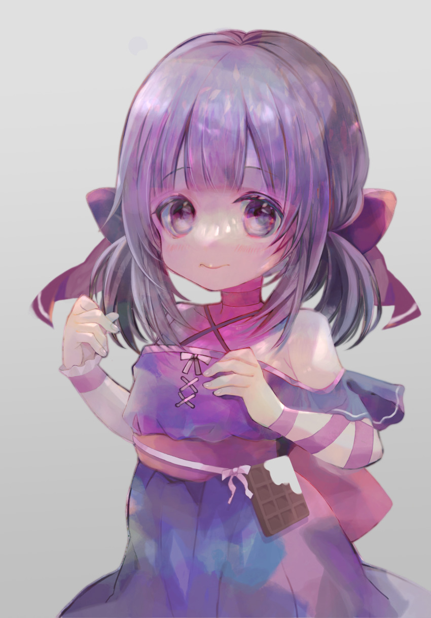 1girl, :>, alternate_hairstyle, banbanjiiiiiii, bare_shoulders, black_dress, blush, bow, brown_hair, chocolate, chocolate_print, choker, commission, commissioner_upload, criss-cross_halter, dress, fallenshadow, flat_chest, food-themed_clothes, food-themed_ornament, food_print, frilled_dress, frills, hair_bow, halterneck, hands_up, highres, indie_virtual_youtuber, looking_at_viewer, medium_hair, off_shoulder, petite, pink_bow, pink_choker, pink_eyes, pink_ribbon, ribbon, ribbon_choker, short_twintails, sidelocks, simple_background, single_wrist_cuff, skeb_commission, smile, solo, standing, twintails, virtual_youtuber, waist_bow, wrist_cuffs