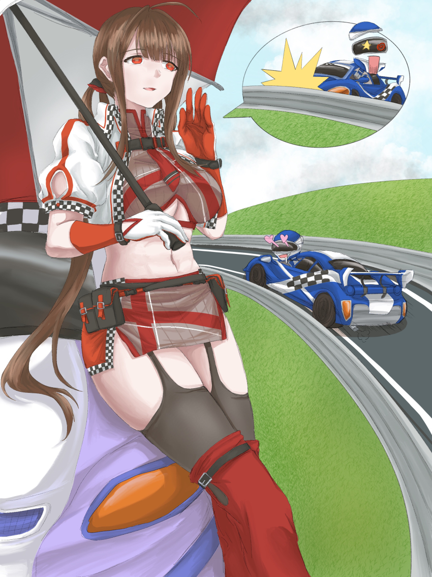 1girl, absurdres, arm_up, black_thighhighs, breasts, brown_hair, car, chinese_commentary