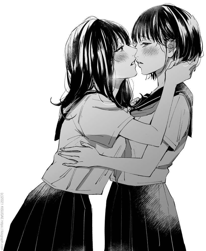 2girls, blush, greyscale, imminent_kiss, kisugae, medium_hair, monochrome, multiple_girls