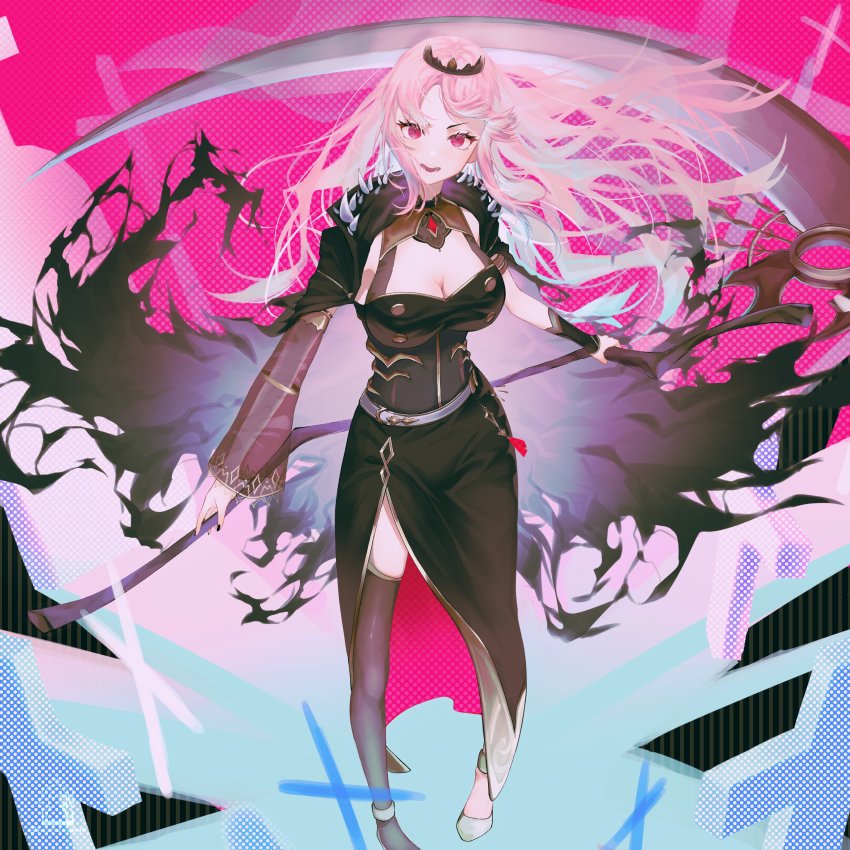 1girl, absurdres, beil, black_cape, black_dress, black_nails, black_thighhighs, breasts