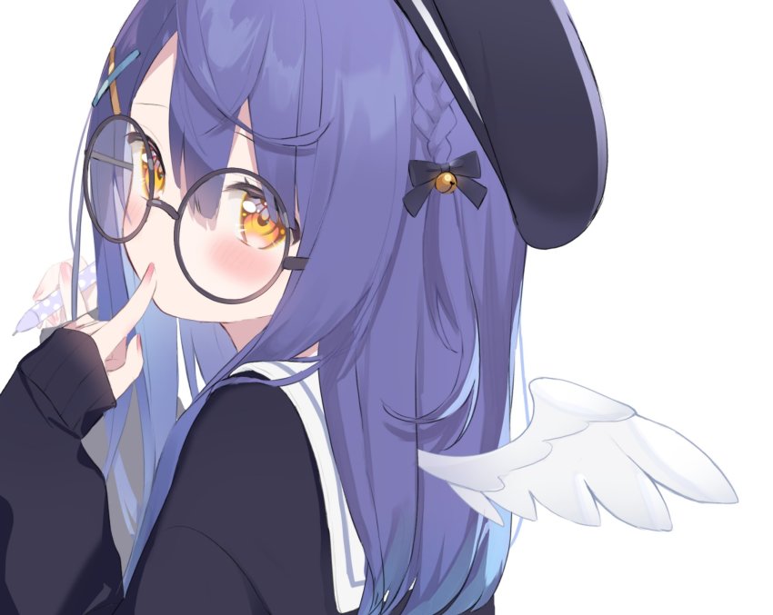 1girl, amamiya_kokoro, bell, beret, black_hat, blue_hair, blush, bow