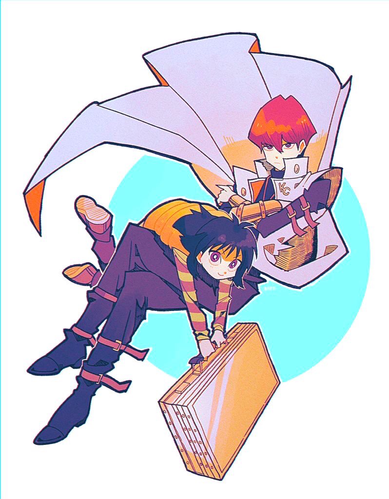 2boys, arm_belt, black_hair, briefcase, bright_pupils, brothers, brown_hair, closed_mouth, coat, crossed_arms, film_grain, frown, hair_between_eyes, hatching_(texture), holding, holding_briefcase, kaiba_mokuba, kaiba_seto, long_hair, looking_at_viewer, male_focus, multiple_boys, open_clothes, open_coat, purple_eyes, siblings, smile, tenteko_mai51, white_coat, white_pupils, yu-gi-oh!