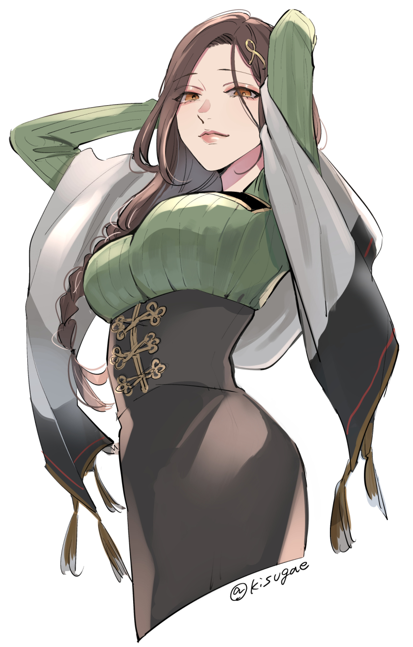 1girl, arms_behind_head, artist_name, black_skirt, braid, breasts, brown_hair, corset, hair_ornament, highres, kisugae, large_breasts, lips, long_hair, looking_at_viewer, nijisanji, orange_eyes, shirayuki_tomoe, simple_background, skirt, solo, sweater, virtual_youtuber, white_background