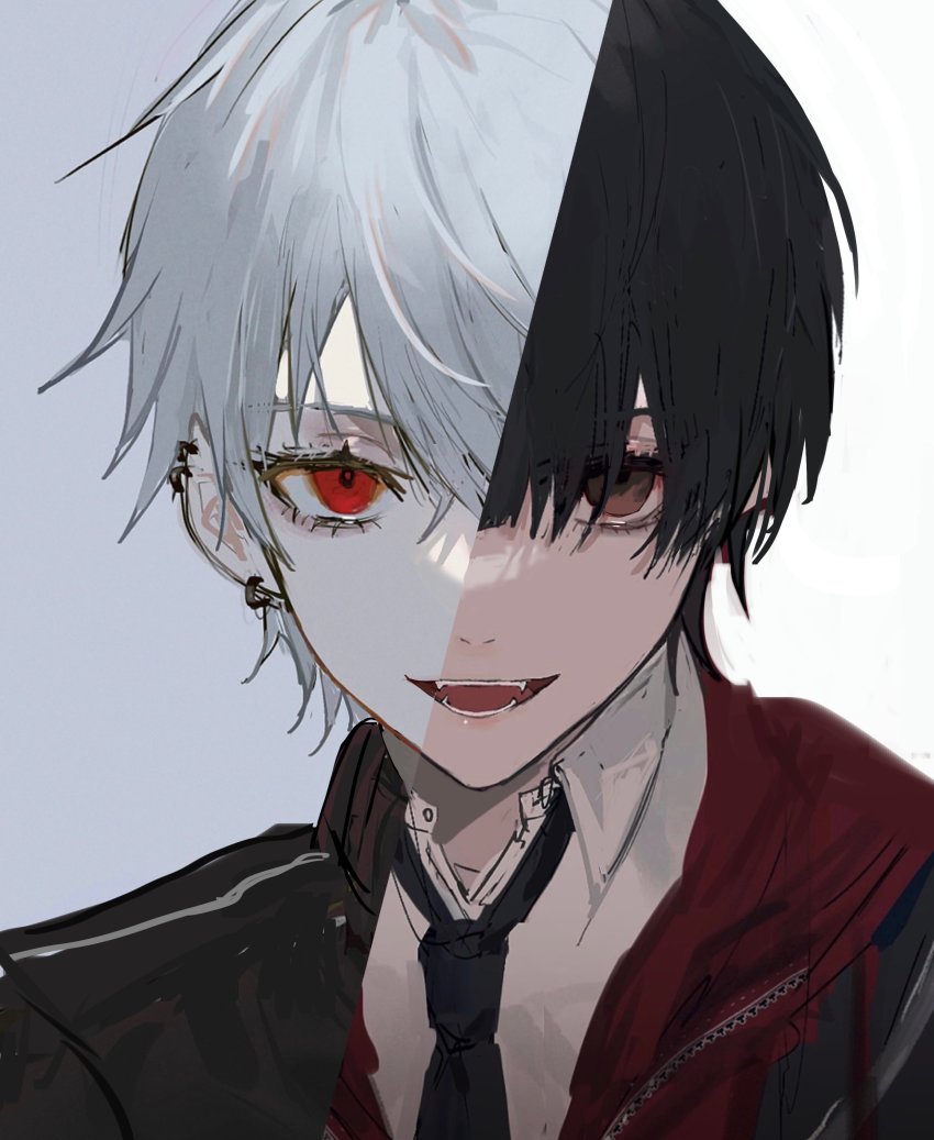 1boy, absurdres, black_hair, black_necktie, brown_eyes, ear_piercing, earrings, eyelashes