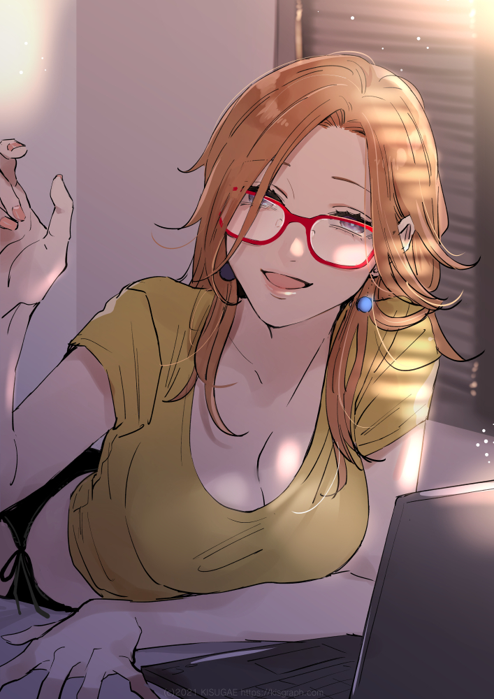 1girl, breasts, brown_hair, cleavage, computer, ear_piercing, earrings, glasses