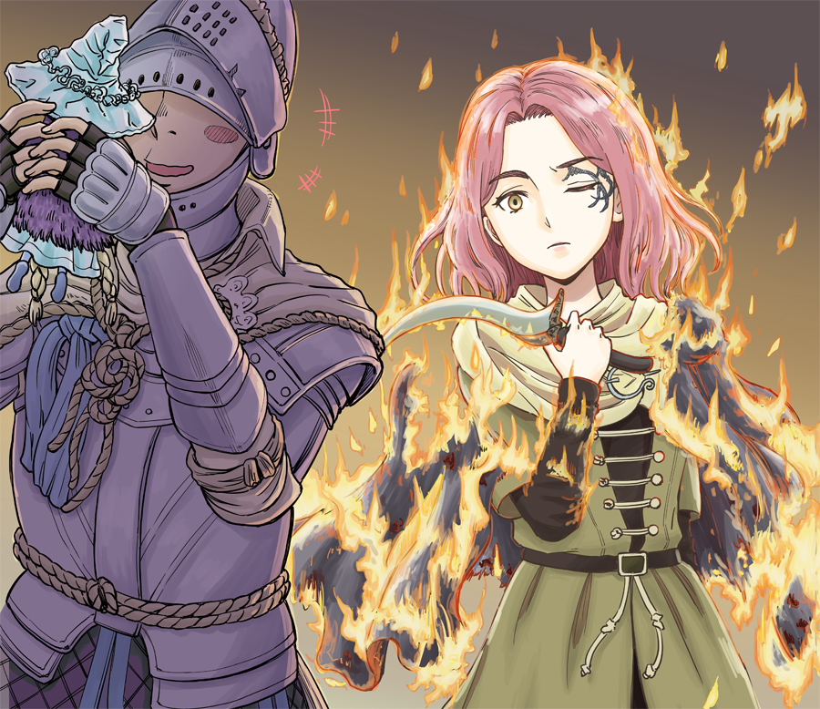 1boy, 2girls, armor, belt, black_belt, blush_stickers, breastplate, burning_clothes