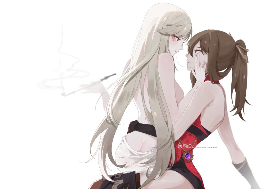 2girls, absurdres, ass, back, bare_shoulders, beidou_(genshin_impact), boots, brown_hair, dress, from_side, genshin_impact, hair_between_eyes, hair_ornament, hair_stick, hairpin, highres, holding, holding_person, holding_smoking_pipe, long_hair, multiple_girls, ningguang_(genshin_impact), red_dress, red_eyes, saliva_swap, seol_(baconontheclock), sitting, sitting_on_person, smoke, smoking_pipe, thigh_boots, thighhighs, vision_(genshin_impact), white_background, white_hair