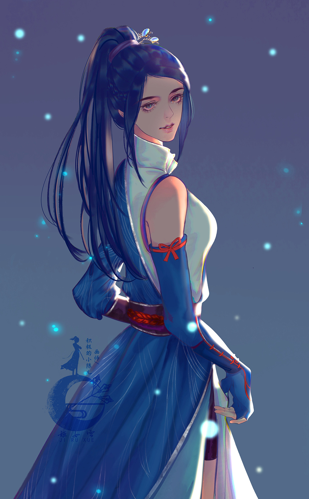 1girl, black_hair, gloves, glowing, hair_ornament, highres, hua_jianghu_zhi_bei_mo_ting, ji_ruxue_(hua_jianghu)