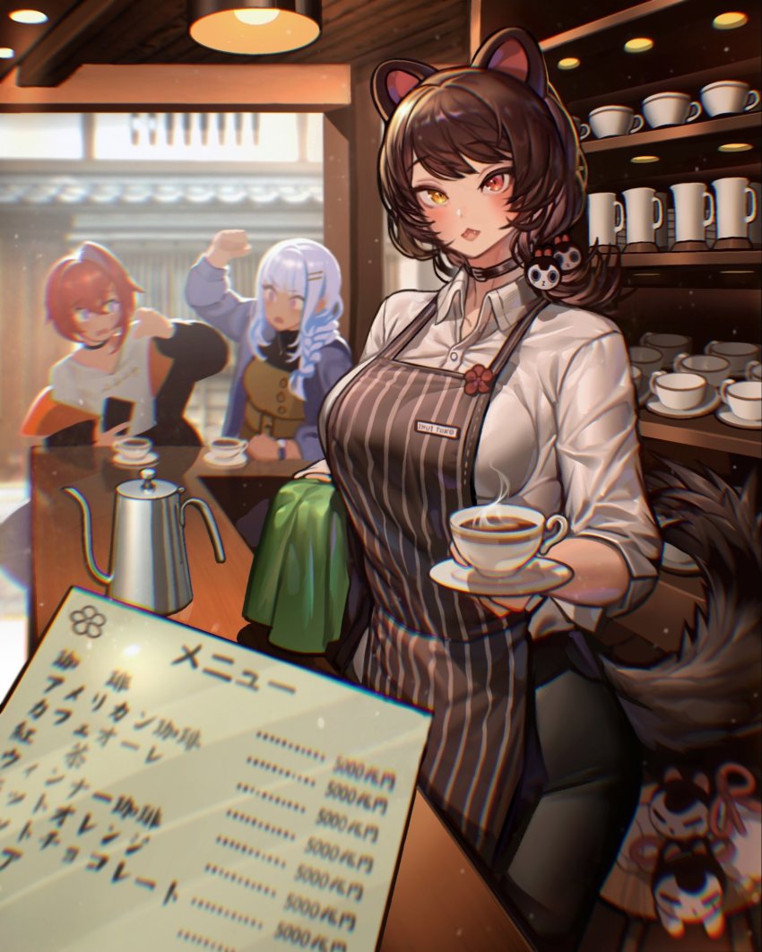3girls, ange_katrina, ange_katrina_(casual), animal_ears, apron, bad_id, bad_twitter_id, black_apron, black_jacket, black_pants, blue_eyes, blue_hair, blue_sweater, blush, braid, breasts, brown_dress, brown_eyes, brown_hair, cafe, coffee, collared_shirt, colored_inner_hair, cup, dog_ears, dog_girl, dog_hair_ornament, dog_tail, dress, hair_behind_ear, hair_ornament, heterochromia, highres, holding, holding_plate, inui_toko, jacket, kamitoge_supino, lize_helesta, lize_helesta_(5th_costume), medium_breasts, mug, multicolored_hair, multiple_girls, nijisanji, off_shoulder, pants, plate, purple_eyes, red_eyes, shirt, smile, solo_focus, sweater, tail, virtual_youtuber, white_shirt