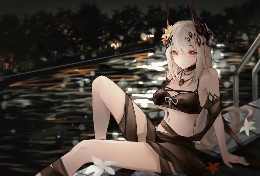1girl, absurdres, arknights, bare_legs, bare_shoulders, bikini, black_bikini, black_choker, breasts, chinese_commentary, choker, commentary_request, flower, hair_flower, hair_ornament, highres, horns, jewelry, knee_up, large_breasts, long_hair, looking_at_viewer, material_growth, mudrock_(arknights), mudrock_(silent_night)_(arknights), navel, necklace, oripathy_lesion_(arknights), pointy_ears, red_eyes, shawl, silver_hair, sitting, solo, stomach, swimsuit, thighs, tutututu