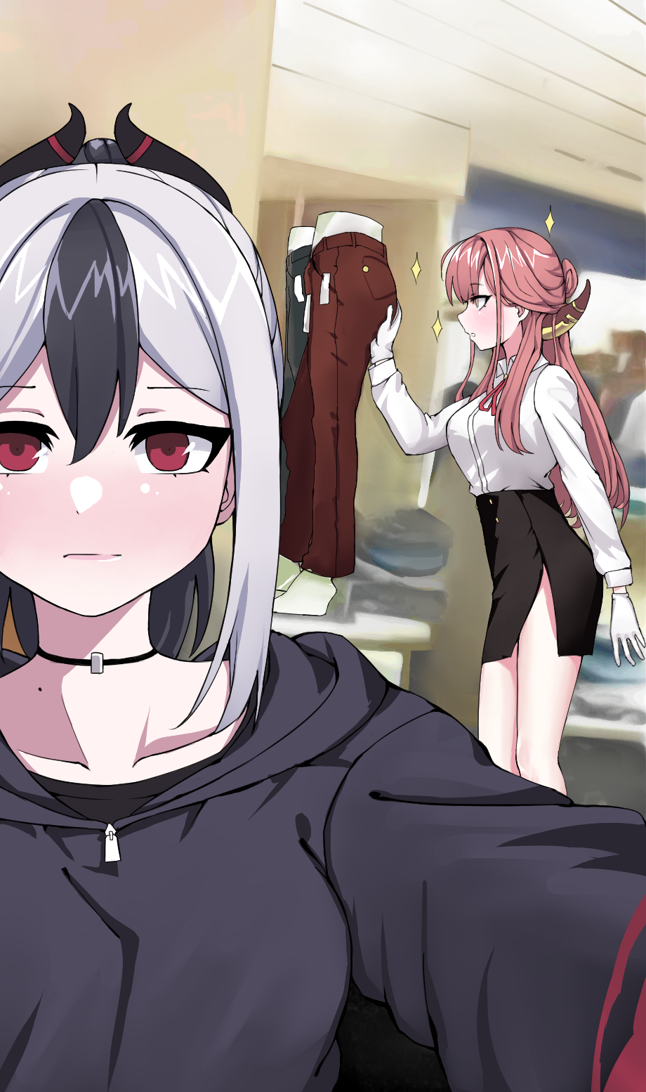2girls, aru_(blue_archive), black_choker, black_hair, black_hoodie, black_skirt, blue_archive, choker, closed_mouth, collarbone, gloves, hair_between_eyes, highres, hood, hoodie, horns, indoors, kayoko_(blue_archive), long_hair, long_sleeves, looking_at_viewer, mannequin, mole, multicolored_hair, multiple_girls, pants, pencil_skirt, photo-referenced, red_eyes, red_hair, rifnets_(dtiko), selfie, shirt, shirt_tucked_in, skirt, two-tone_hair, white_gloves, white_hair, white_shirt
