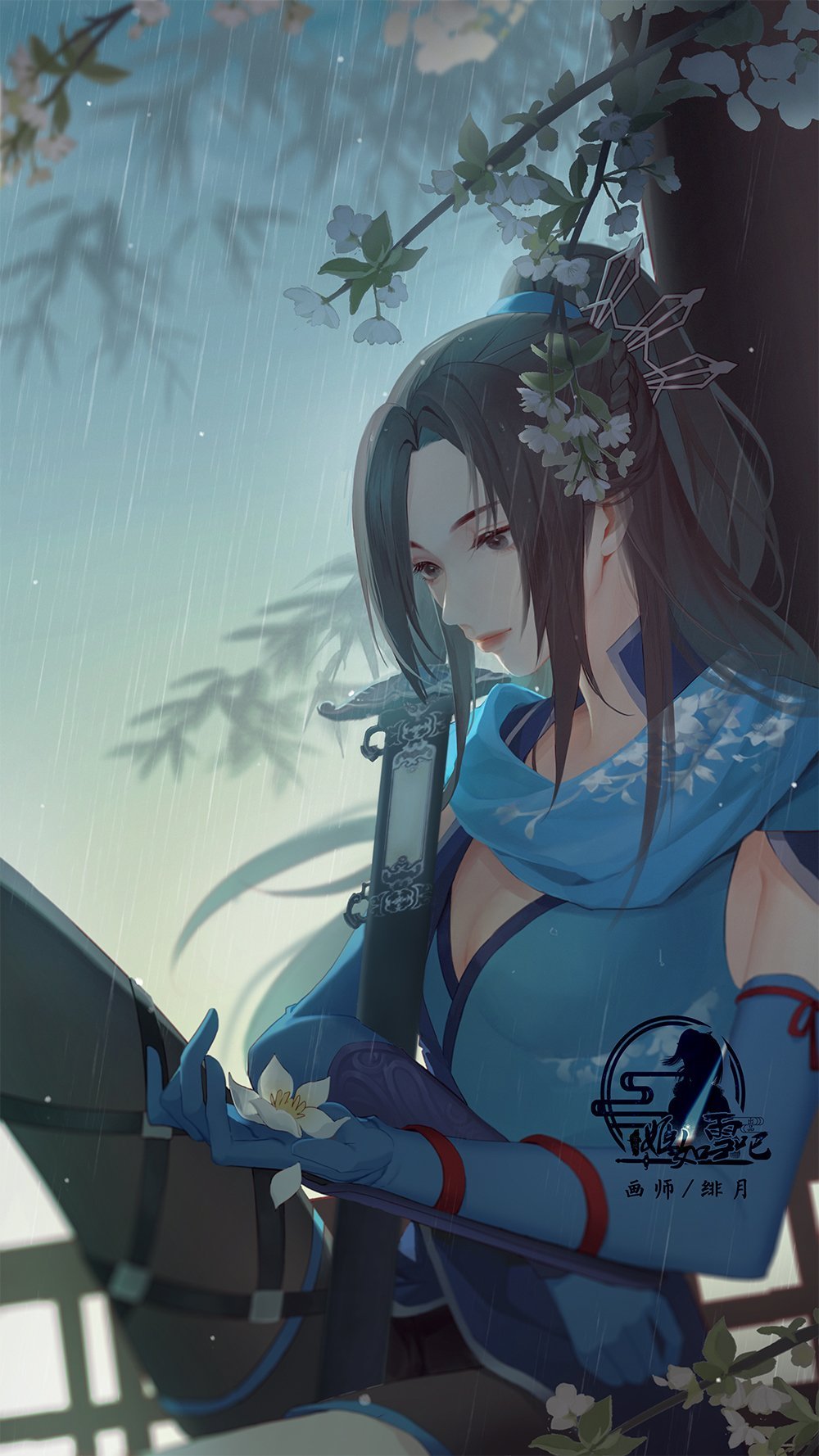 black_hair, expressionless, flower, highres, hua_jianghu_zhi_bei_mo_ting, ji_ruxue_(hua_jianghu), ji_ruxue_ba_guan_bo, looking_at_hand, pillar, ponytail, rain, scarf, sheath, sitting, solo, sword, weapon