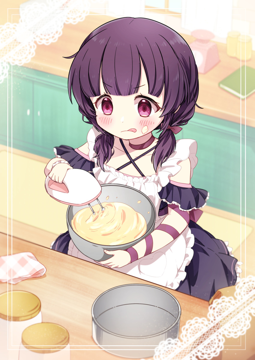 1girl, :p, absurdres, alternate_hairstyle, apron, arm_up, baking, bare_shoulders