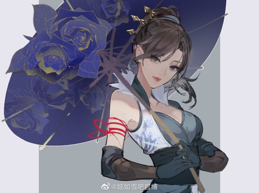1girl, black_hair, border, dress, expressionless, gloves, hair_ornament, hua_jianghu_zhi_bei_mo_ting, ji_ruxue_(hua_jianghu), ji_ruxue_ba_guan_bo, looking_at_viewer, ponytail, sash, shadow, short_ponytail, solo, umbrella