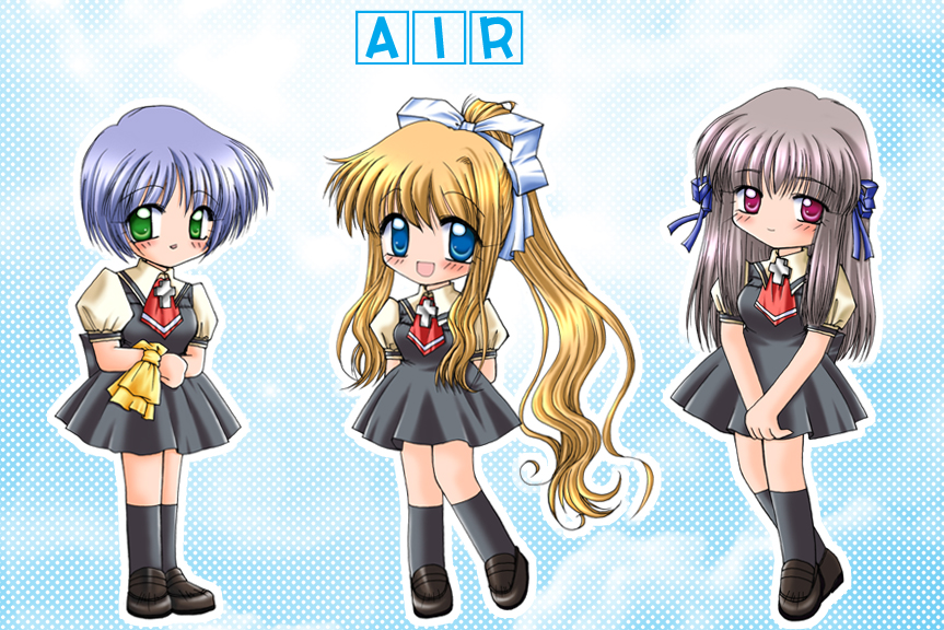 00s, air_(visual_novel), blonde_hair, blue_eyes, blue_hair, chibi, green_eyes, grey_hair, kamio_misuzu, kirishima_kano, long_hair, ponytail, red_eyes, ribbon, school_uniform, shinoa, toono_minagi