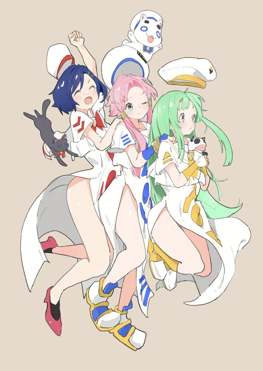 3girls, 3others, aika_granzchesta, alice_carroll, aria_(manga), aria_company_uniform, aria_pokoteng, bad_id, bad_pixiv_id, bare_legs, beret, black_cat, blouse, blue_hair, capelet, cat, chevron_(symbol), closed_eyes, clothing_cutout, dress, girl_sandwich, gloves, gold_trim, green_eyes, hair_tubes, hat, high_collar, highres, hime_granzchesta, himeya_company_uniform, logo, long_dress, long_sleeves, mizunashi_akari, multiple_girls, multiple_others, ocha_(popopogg), one_eye_closed, open_mouth, orange_planet_uniform, patch, pink_hair, president_maa, sailor_collar, sandwiched, shirt, short_hair_with_long_locks, short_sleeves, side_slit, simple_background, sketch, sleeveless, sleeveless_dress, smile, undershirt, undine_(aria), white_capelet, white_dress, white_shirt