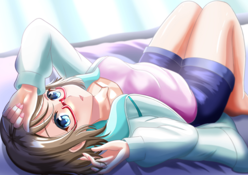 1girl, blue_eyes, blush, breasts, brown_hair, collar, do10nn, feet