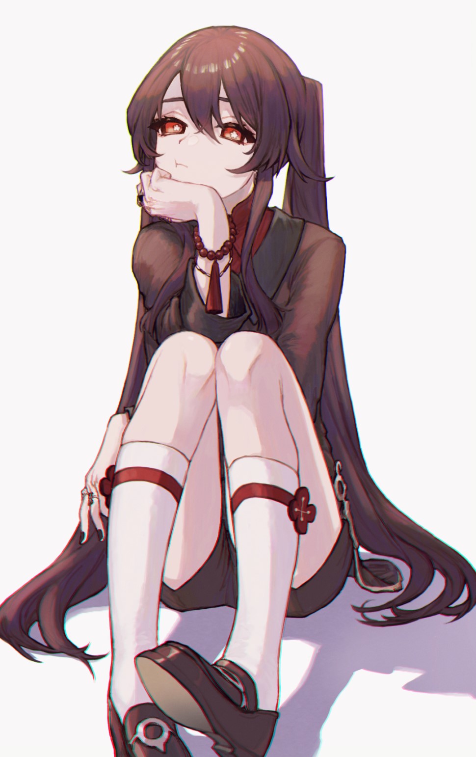 1girl, :t, bead_bracelet, beads, black_shorts, bracelet, brown_hair, closed_mouth, flower-shaped_pupils, genshin_impact, grey_background, hair_between_eyes, head_rest, highres, hu_tao_(genshin_impact), invisible_chair, jewelry, kmkm_panna, kneehighs, long_hair, long_sleeves, looking_at_viewer, red_eyes, shadow, shorts, sidelocks, simple_background, sitting, socks, solo, symbol-shaped_pupils, tassel, twintails, very_long_hair, white_socks