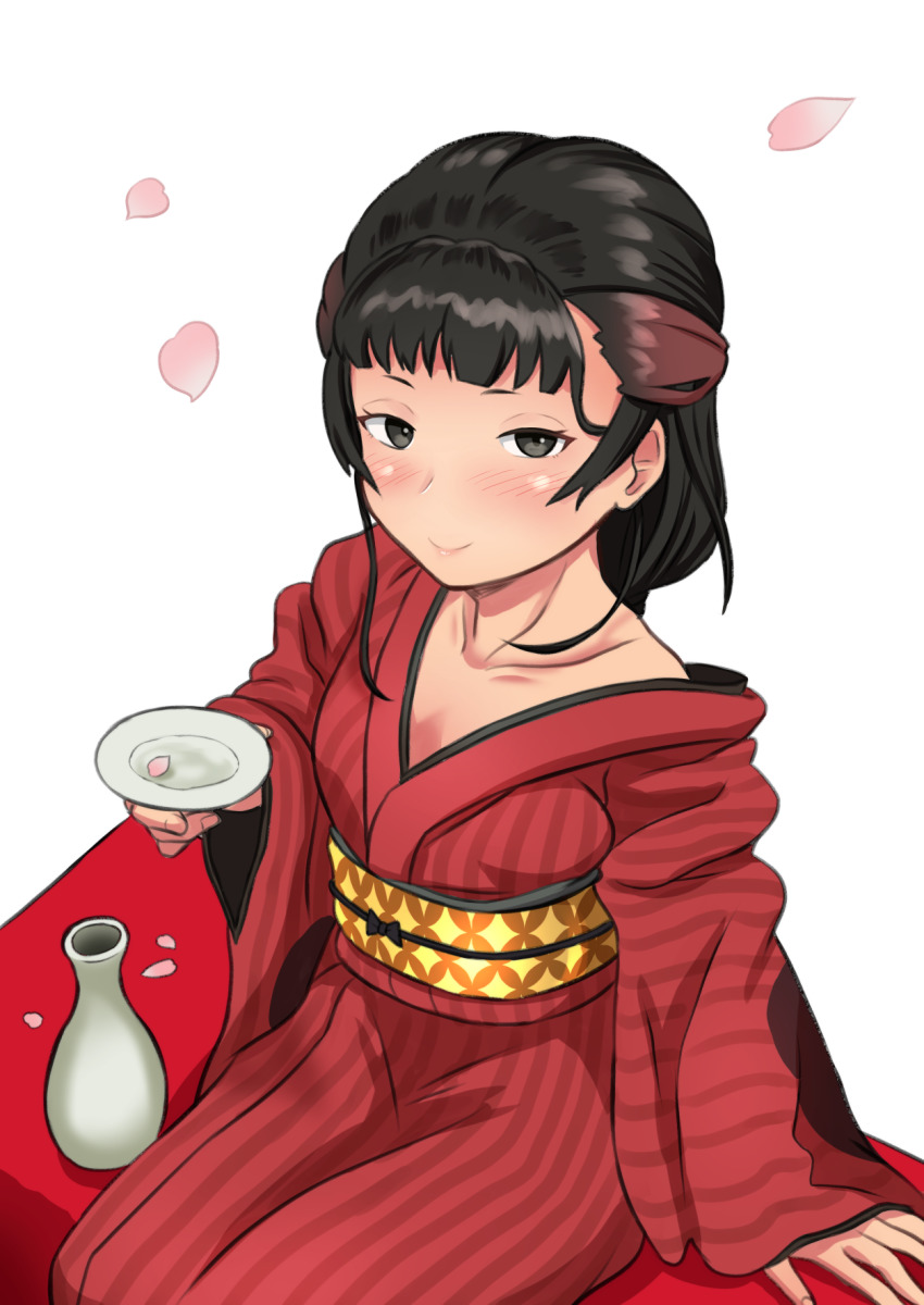 1girl, alcohol, black_eyes, black_hair, brown_hair, cowboy_shot, cup, drunk