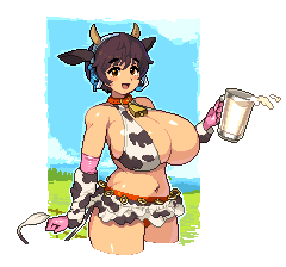 1girl, animal_ears, animal_print, bell, bikini, bikini_top_only, black_hair, breasts, cleavage, cow_print, cowbell, cup, elbow_gloves, fake_animal_ears, fake_horns, fake_tail, field, gloves, holding, holding_cup, horns, huge_breasts, idolmaster, idolmaster_cinderella_girls, looking_at_viewer, midriff, milk, miniskirt, oikawa_shizuku, outdoors, pixel_art, skirt, standing, swimsuit, tail, yumura_kino