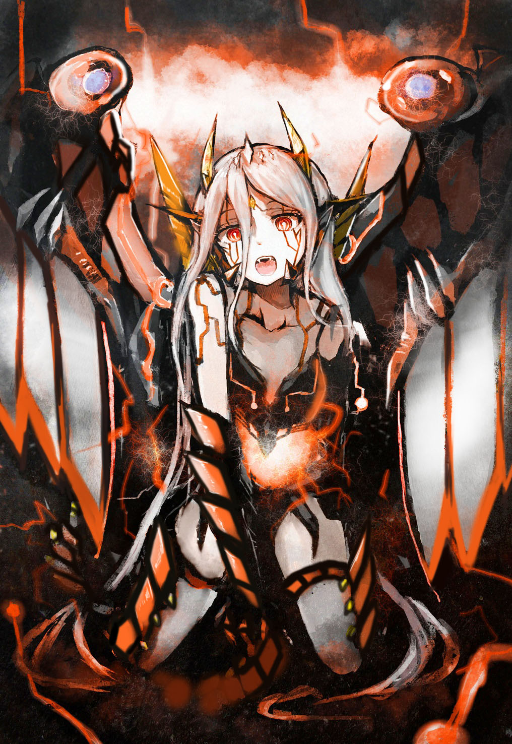 1girl, claws, cyber_dragon_infinity, dragon_girl, duel_monster, fangs, hair_between_eyes, highres