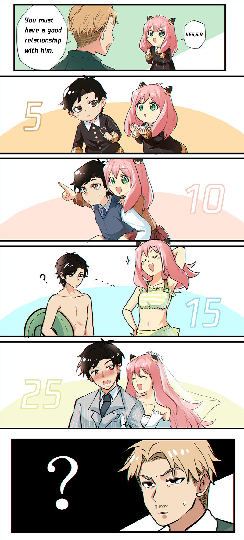 1girl, 2boys, ?, age_progression, aged_up, anya_(spy_x_family), black_hair, blonde_hair, blush, bridal_veil, bride, character_age, damian_desmond, dress, english_text, facial_hair, highres, innertube, left-to-right_manga, multiple_boys, mustache, nako_(unclebanana), numbered, pink_hair, spy_x_family, stubble, swim_ring, swimsuit, twilight_(spy_x_family), veil, wedding, wedding_dress