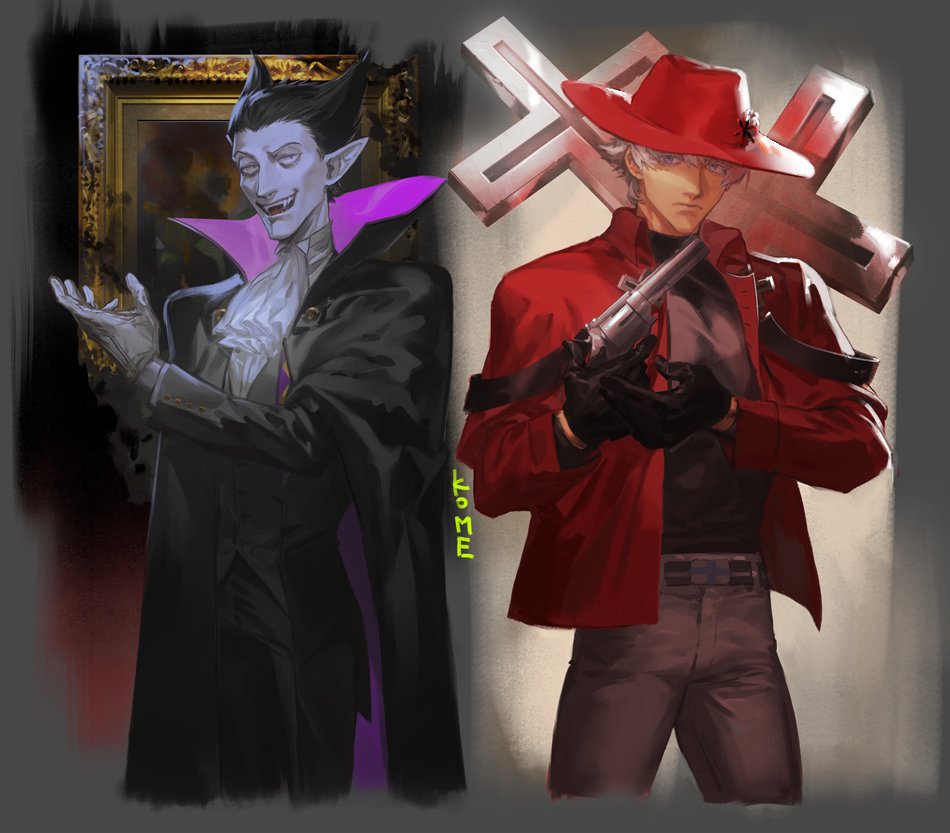 2boys, ascot, black_gloves, black_hair, cape, colored_skin, cross, draluc_(kyuuketsuki_sugu_shinu)