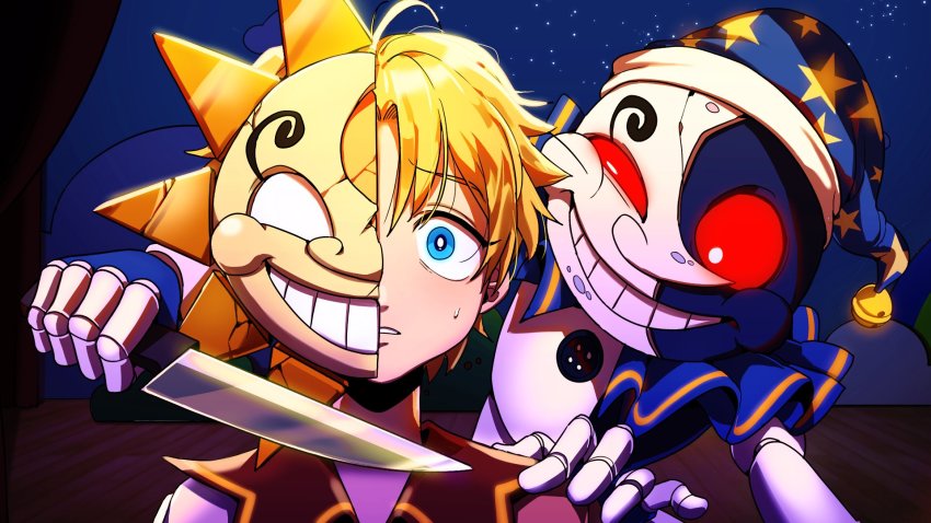 1boy, android, bell, blade_to_throat, blonde_hair, blue_eyes, capelet, child