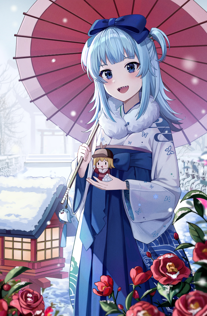 1girl, animal_print, bloop_(gawr_gura), blue_bow, blue_eyes, blue_hair, blue_ribbon, blush