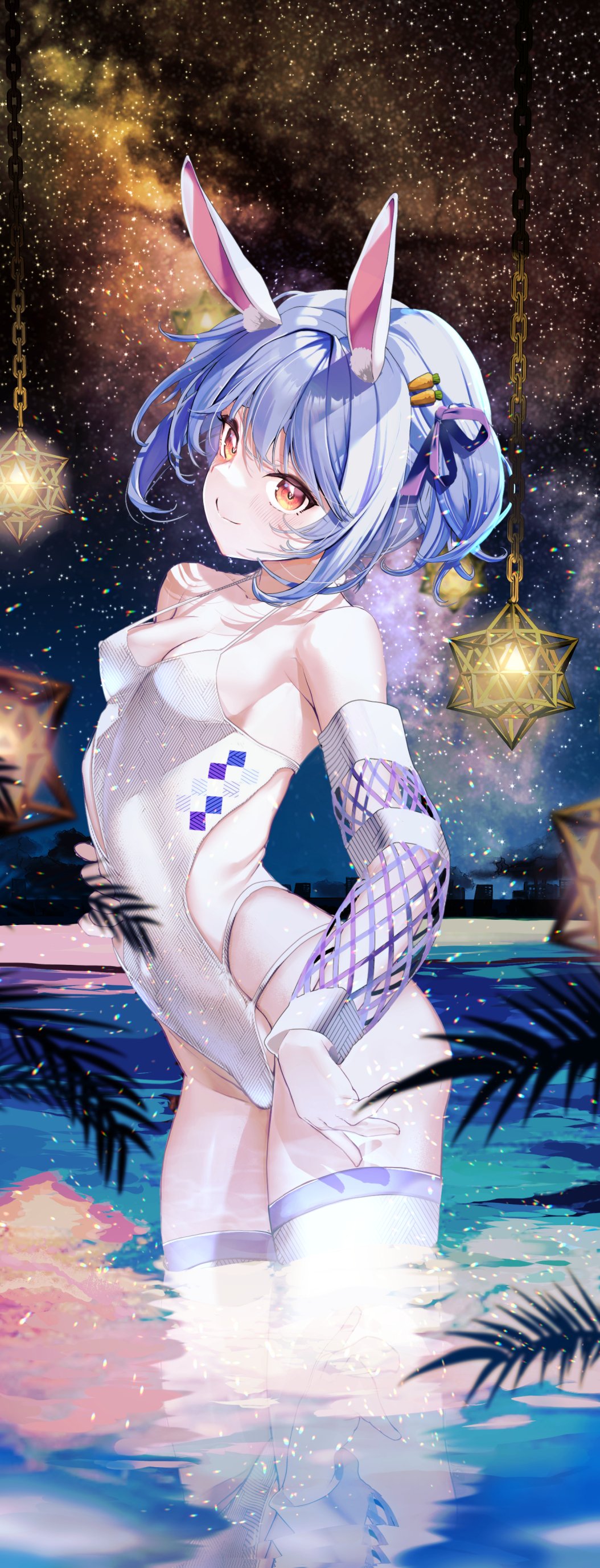 1girl, absurdres, animal_ears, bikini, blue_hair, blush, breasts, covered_erect_nipples