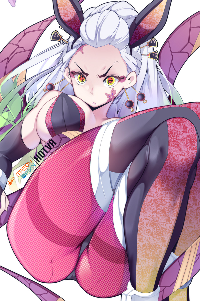 1girl, animal_ear_headwear, animal_ears, ankle_cuffs, ass, bare_shoulders, black_pantyhose, breasts, commentary, daki_(kimetsu_no_yaiba), detached_sleeves, english_commentary, eyeliner, facial_tattoo, fake_animal_ears, forehead, gradient_hair, green_hair, hair_ornament, hair_stick, hairband, hot_vr, kimetsu_no_yaiba, large_breasts, leotard, long_hair, makeup, multicolored_hair, obi, pantyhose, patreon_username, pixiv_username, playboy_bunny, ponytail, rabbit_ears, red_thighhighs, sash, simple_background, solo, strapless, strapless_leotard, symbol-shaped_pupils, tattoo, thighhighs, thighhighs_over_pantyhose, thighs, v-shaped_eyebrows, white_background, white_hair, yellow_eyes