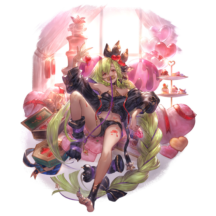 1girl, black_shorts, braid, curtains, donut, food, granblue_fantasy, green_hair, hair_ornament, halterneck, hand_up, heart, heart-shaped_pillow, helel_ben_shalem, helel_ben_shalem_(coco-coated_dreams)_(granblue_fantasy), holding, leaning_back, leaning_on_object, long_hair, long_toenails, looking_at_viewer, minaba_hideo, off-shoulder_sweater, off_shoulder, official_art, pacifier, pillow, red_eyes, short_shorts, shorts, sitting, solo, stomach, sweater, third-party_source, toenails, very_long_hair