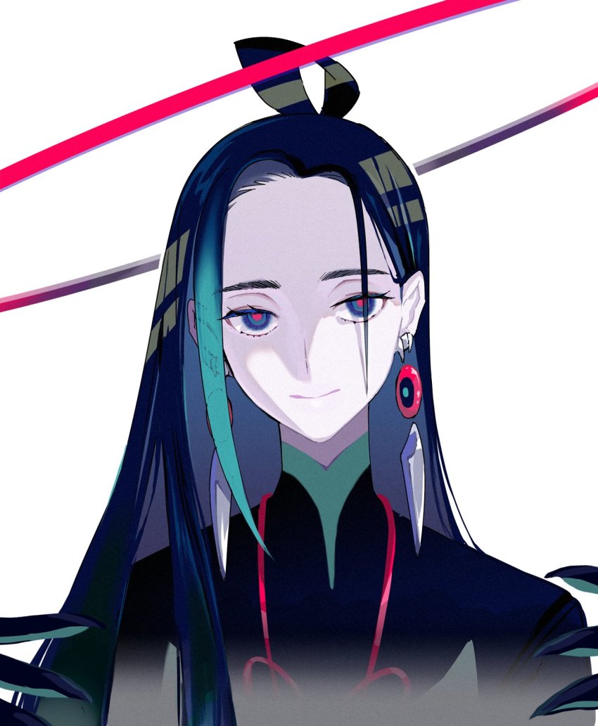 1boy, black_hair, blue_eyes, blue_hair, chinese_clothes, closed_mouth, commentary_request, earrings