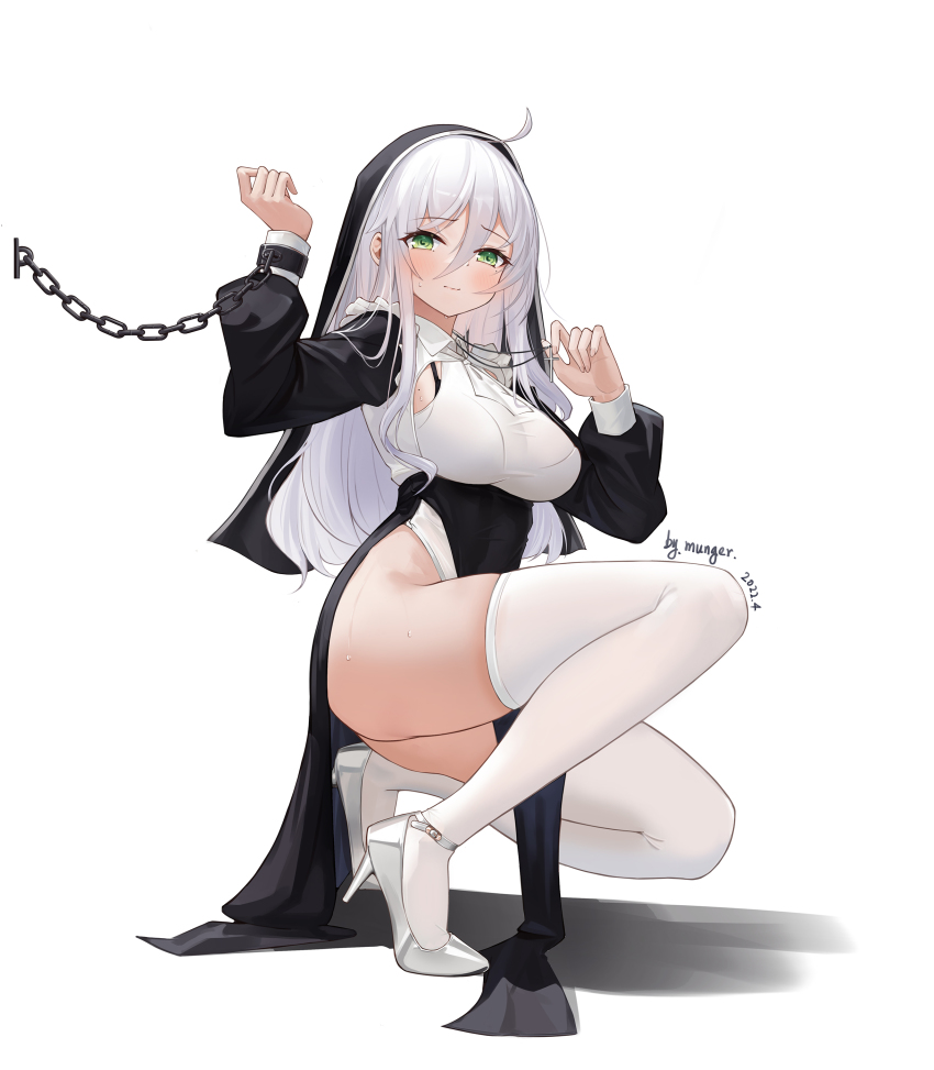 1girl, absurdres, ahoge, artist_name, bdsm, between_legs, black_skirt, black_sleeves, blush, bondage, bound, bra_strap, bralines, breasts, chain, closed_mouth, collared_leotard, cross, cross_necklace, cuffs, dated, embarrassed, frills, full_body, green_eyes, grey_footwear, habit, hair_between_eyes, hands_up, high_heels, highleg, highleg_leotard, highres, holding, jewelry, knee_up, large_breasts, layered_clothes, leotard, leotard_under_clothes, long_hair, long_sleeves, looking_at_viewer, mole, mole_on_breast, mole_under_eye, mungersky, necklace, necktie, nun, nun_headdress, original, outstretched_arm, pelvic_curtain, photo-referenced, puffy_long_sleeves, puffy_sleeves, restrained, shackles, short_necktie, simple_background, skindentation, skirt, squatting, stiletto_heels, sweat, thighhighs, thighs, white_background, white_hair, white_leotard, white_necktie, white_thighhighs