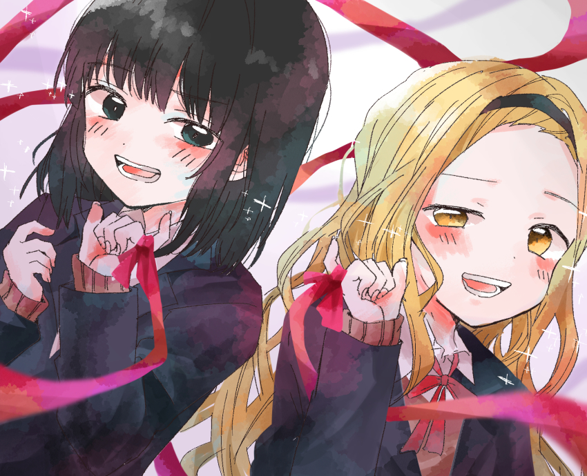 2girls, bangs_pinned_back, black_hair, blonde_hair, blush, bolo_tie, chibana_sora, grey_eyes
