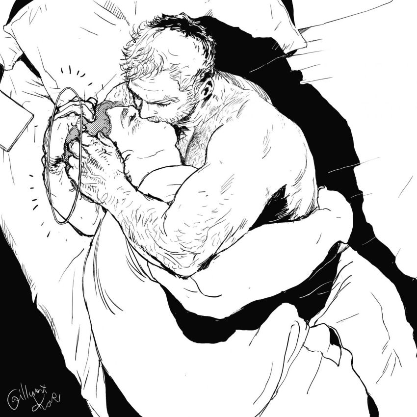 2boys, arm_hair, bara, beard, blush, chest_hair, couple, facial_hair, fat, fat_man, from_above, gasu-chan_(illustguess), greyscale, hairy, halo, highres, hug, kiss, lying, male_focus, mature_male, monochrome, multiple_boys, muscular, muscular_male, on_bed, on_side, original, pants, short_hair, sideburns, topless_male, yaoi