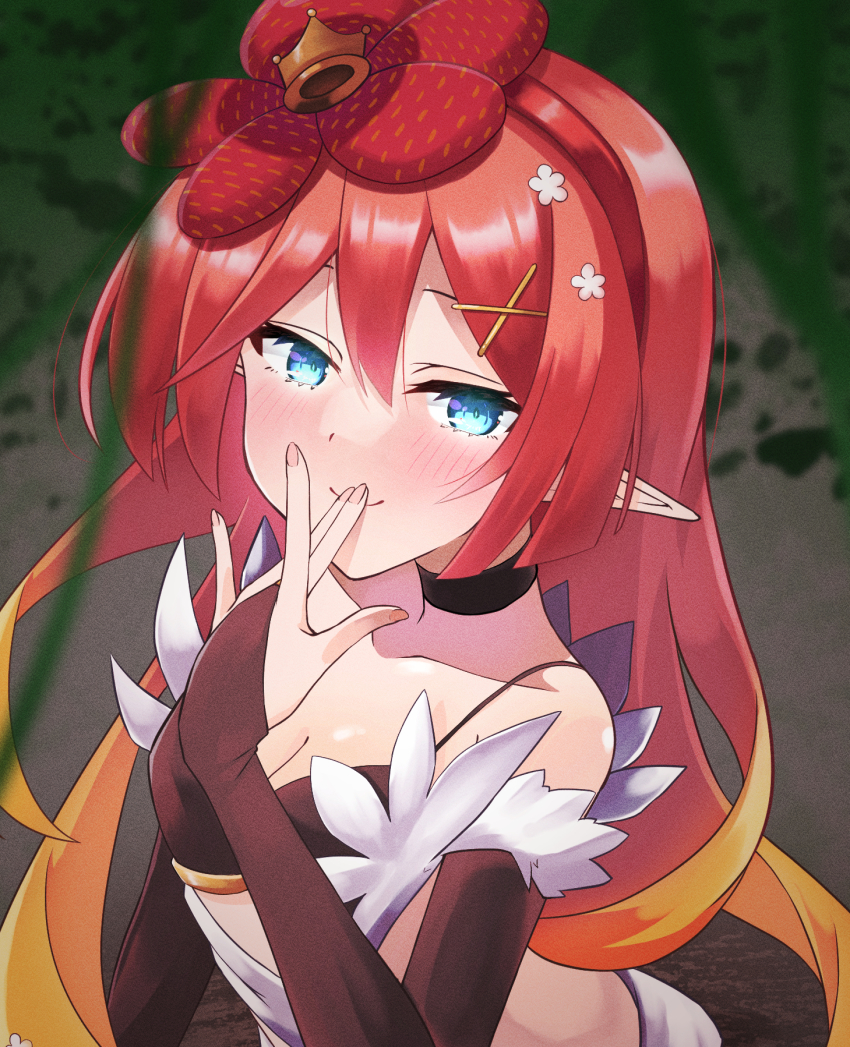 1girl, bare_shoulders, blonde_hair, blue_eyes, blush, breasts, bridal_gauntlets, choker, cleavage, duel_monster, finger_to_mouth, flower, flower_on_head, gradient_hair, hair_flower, hair_ornament, hairband, highres, long_hair, looking_at_viewer, medium_breasts, multicolored_hair, orange_hair, pink_hair, pointy_ears, rafflesia_(flower), red_hair, smile, solo, traptrix_rafflesia, tsunde_leon, upper_body, x_hair_ornament, yu-gi-oh!