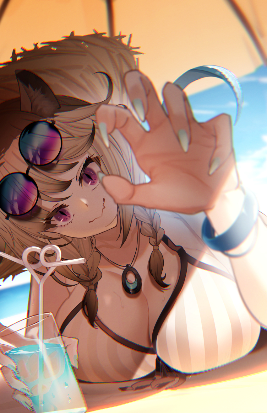 1girl, animal_ear_fluff, animal_ears, arknights, bare_shoulders, bikini, black-framed_eyewear, blue_nails