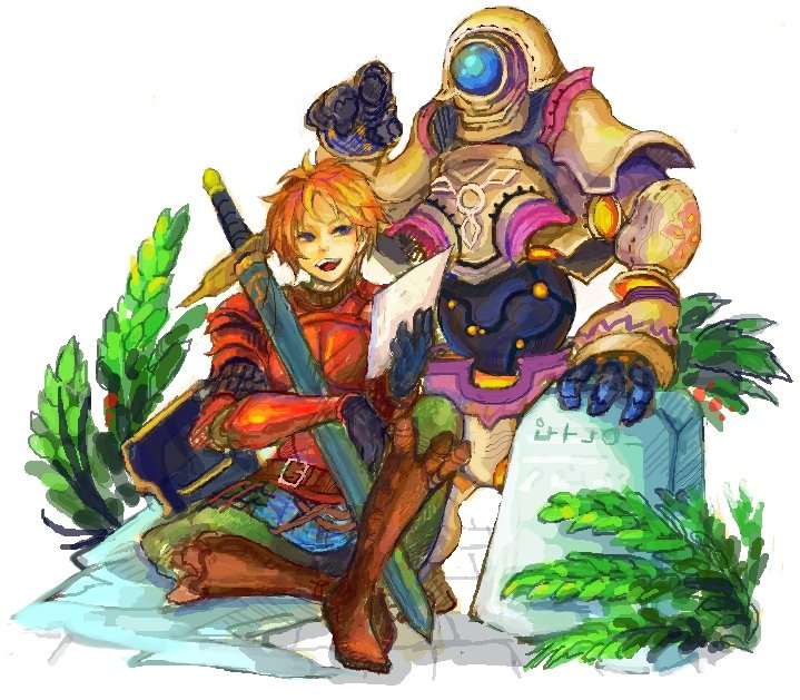 2boys, armor, blue_eyes, boots, cyclops, hero_(sd1), knee_boots, male_focus