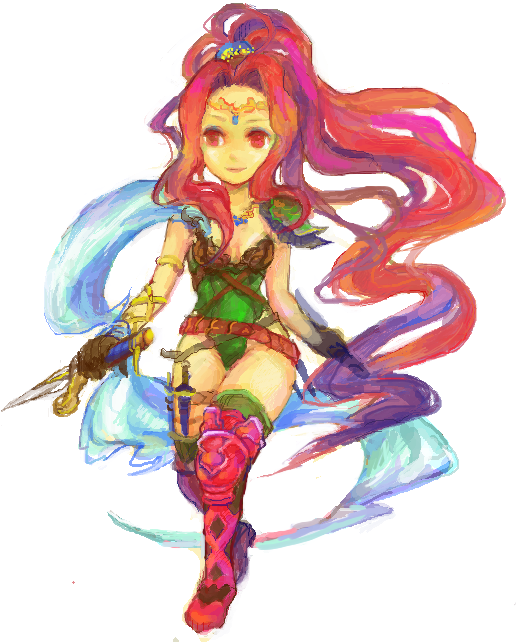 1girl, amanda_(sd1), amanda_(seiken_densetsu), belt, boots, circlet, dagger, dual_wielding, female_focus, holding, jewelry, knife, leotard, long_hair, necklace, ponytail, red_eyes, red_hair, rinne_(maxbeat), seiken_densetsu, seiken_densetsu_1, shoulder_pads, sketch, smile, solo, thighhighs, traditional_media, very_long_hair, weapon
