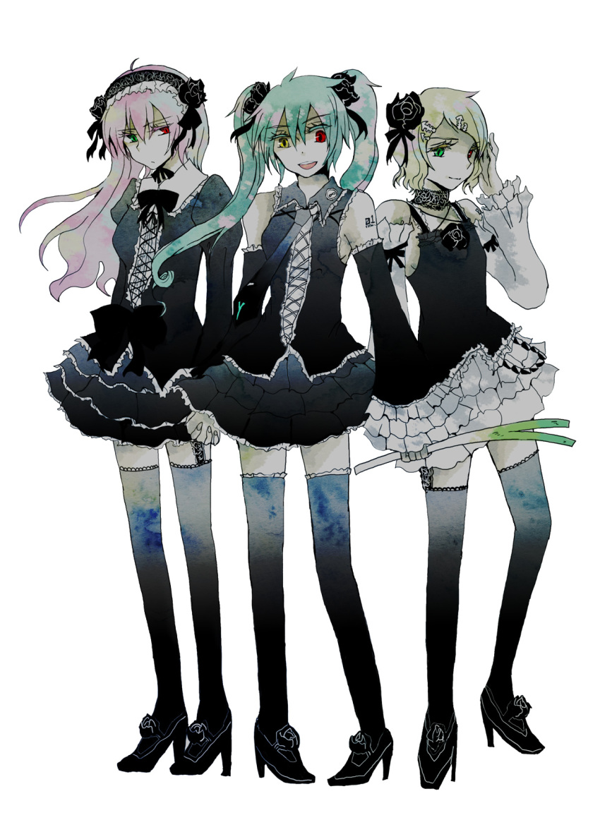 3girls, anti_the_holic_(vocaloid), anti_the_infinite_holic_(vocaloid), bad_id, bad_pixiv_id, black_thighhighs, blonde_hair, bow