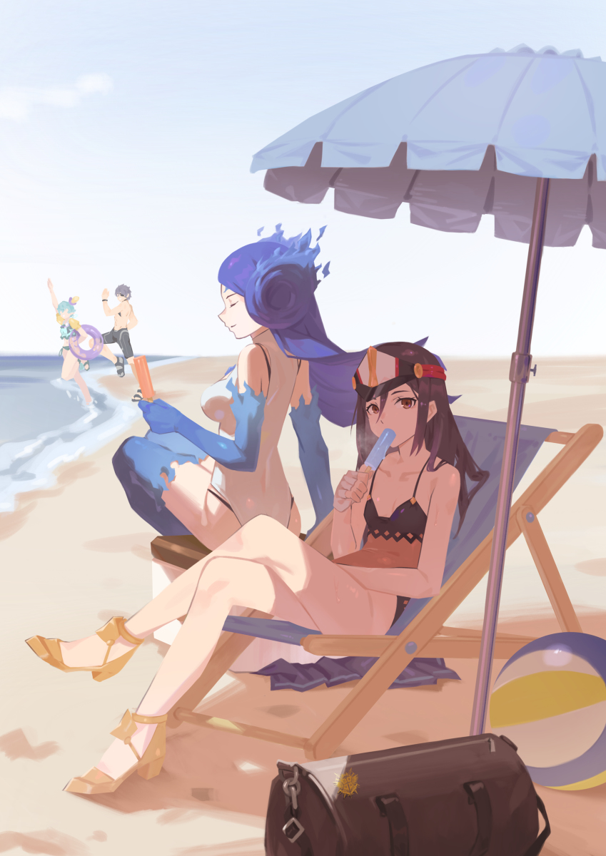 1boy, 3girls, bare_shoulders, beach, black_hair, black_one-piece_swimsuit, breasts, brighid_(water_lily)_(xenoblade)