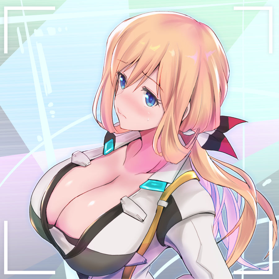 1girl, alice_gear_aegis, asahi_(fullmetal_madness), black_ribbon, blush, bodysuit, breasts, cleavage