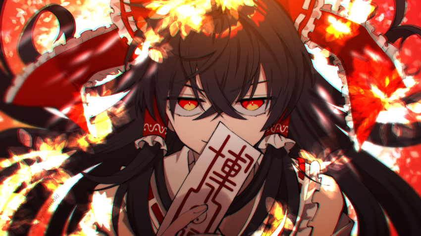 1girl, akaishi_yashi, black_hair, bow, brown_hair, covering_own_mouth, detached_sleeves, frilled_bow