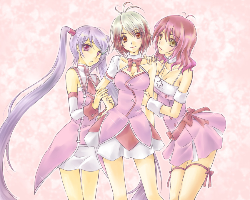 3girls, akizuki_ryo_(cosplay), akizuki_ryo, antenna_hair, bad_id, bad_pixiv_id, cheria_barnes, cosplay, cute_&amp;_girly_(idolmaster), gradient_hair, group_hug, hanazawa_kana, hidaka_ai, hidaka_ai_(cosplay), hug, idolmaster, idolmaster_dearly_stars, mizutani_eri, mizutani_eri_(cosplay), multicolored_hair, multiple_girls, pascal_(tales), pink_hair, pink_skirt, pink_theme, purple_hair, red_hair, skirt, sophie_(tales), souko_(yue), tales_of_(series), tales_of_graces, twintails, two-tone_hair, voice_actor_connection, white_hair