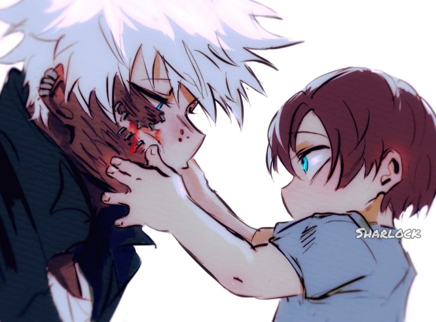 2boys, aged_down, artist_name, blue_eyes, boku_no_hero_academia, brothers, burn_scar, cheek_piercing