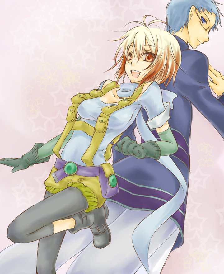 1boy, 1girl, bad_id, bad_pixiv_id, blue_eyes, blue_hair, blue_shirt, glasses