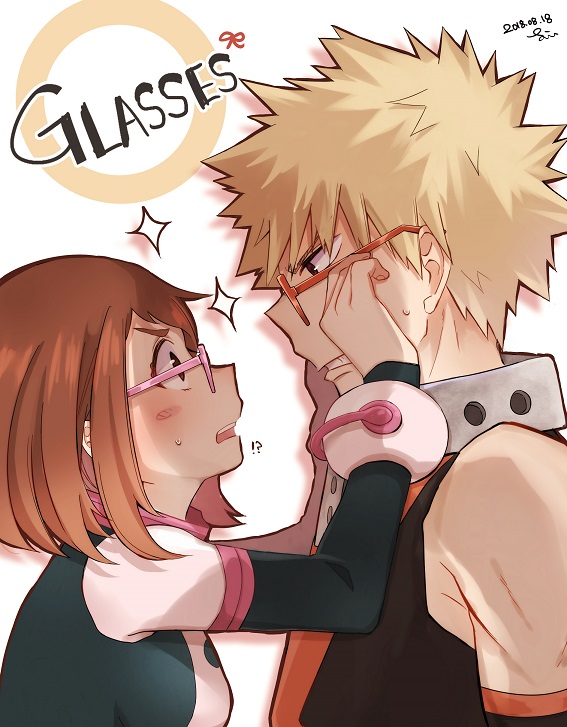 !?, 1boy, 1girl, adjusting_eyewear, bakugou_katsuki, blonde_hair, bodysuit, boku_no_hero_academia