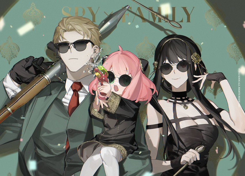 1boy, 2girls, :o, adoptive_parent_and_adoptive_child, anya_(spy_x_family), bare_shoulders, black_choker, black_dress, black_gloves, black_hair, blonde_hair, blue_eyes, breasts, child, choker, cleavage, closed_mouth, collarbone, collared_shirt, dagger, dress, eyewear_on_head, family, father_and_child, father_and_daughter, fingerless_gloves, flower, formal_clothes, gloves, green_background, green_eyes, green_jacket, green_suit, gun, hair_flower, hair_ornament, hand_up, headband, high-explosive_anti-tank_(warhead), highres, holding, holding_gun, holding_weapon, horn_ornament, horns, husband_and_wife, jacket, jewelry, k00s, knife, light_smile, long_hair, long_sleeves, man-portable_anti-tank_systems, mother_and_child, mother_and_daughter, multiple_girls, open_mouth, parent_and_child, pink_hair, red_eyes, red_tie, rocket-propelled_grenade, rocket_(projectile), rocket_launcher, round_eyewear, rpg, rpg-7, rpg_(weapon), shadow, shirt, short_hair, sidelocks, sitting, sleeveless, spy_x_family, standing, suit, suit_jacket, sunglasses, thighhighs, twilight_(spy_x_family), upper_body, water, water_gun, weapon, white_legwear, white_shirt, yor_briar