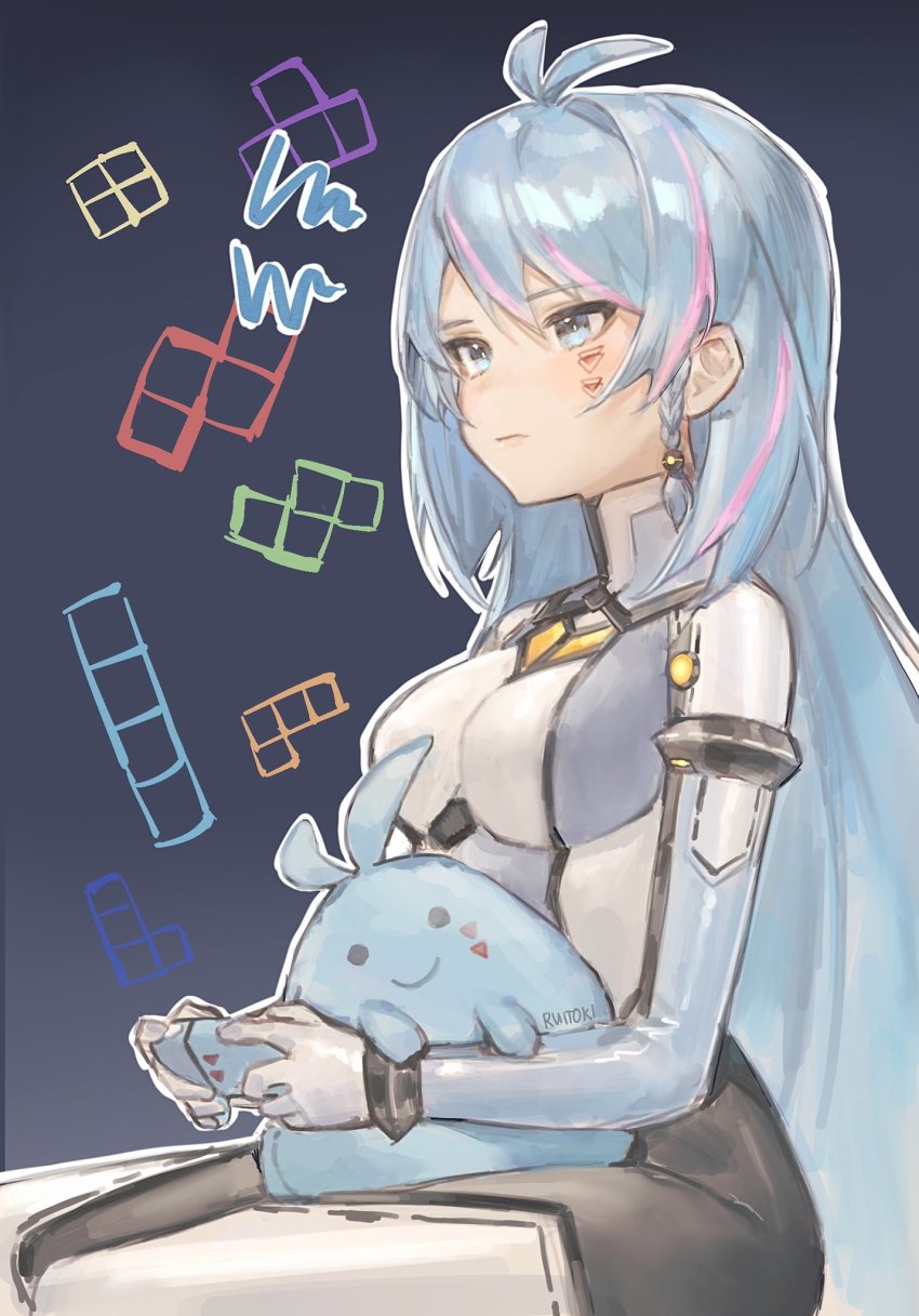 1girl, artist_name, azura_cecillia, blue_bodysuit, blue_hair, bodysuit, braid, breasts